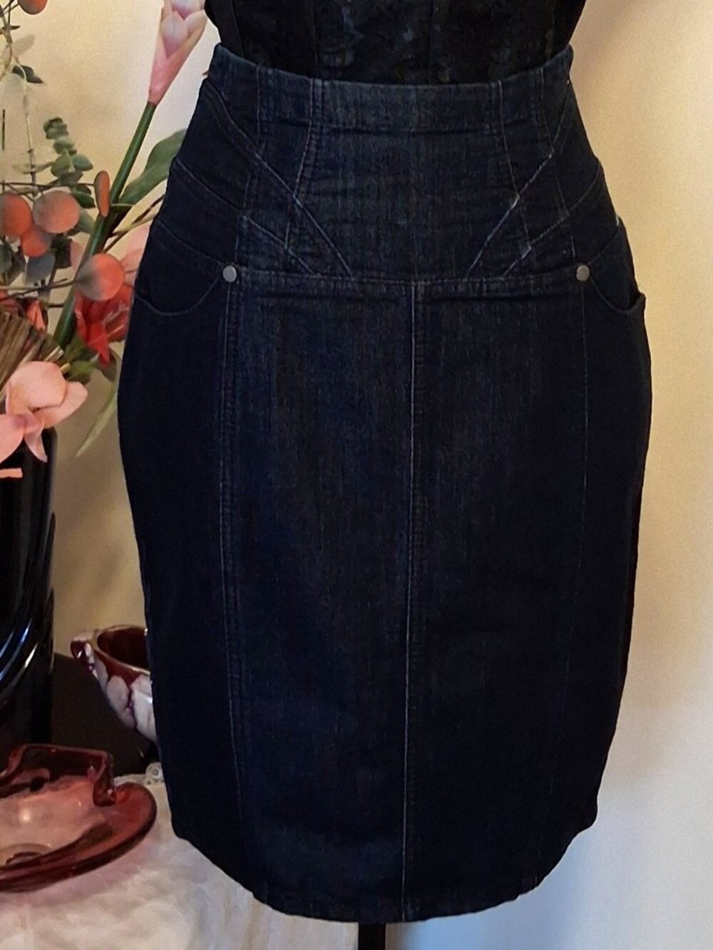 Dark Indigo High-Waist Denim Midi Skirt
